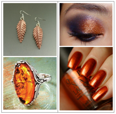 Bronze and amber bohemian jewelry bring shimmer to the eyes with copper-colored eyeshadows and shine to the nails with nail polish in mtallic fiery hues