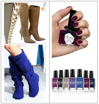 Cozy suede boots in nude or bold indigo colours inspire velvet manicures in a similar lineup of hues